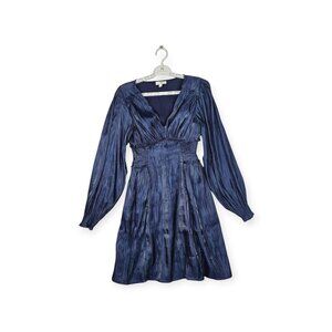 Umgee Metallic Navy Blue Mini Dress - Women's Medium - Long Sleeve V-Neck
